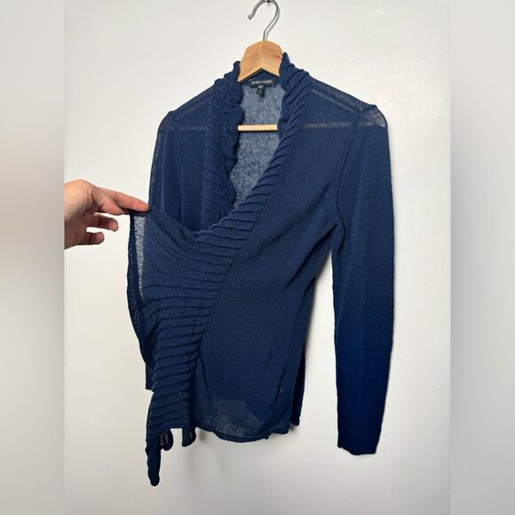 Eileen Fisher Navy Blue Linen Blend Cardigan Sweater Small S knitted ruffles - Picture 9 of 14